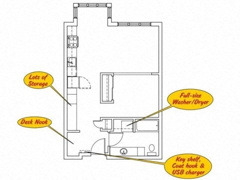 Floor plan for 1 bed, 1 bath, 606 sqft